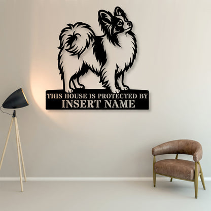 Personalized Papillon Dog Guard Metal Sign. Custom Dog Protect Name Wall Decor