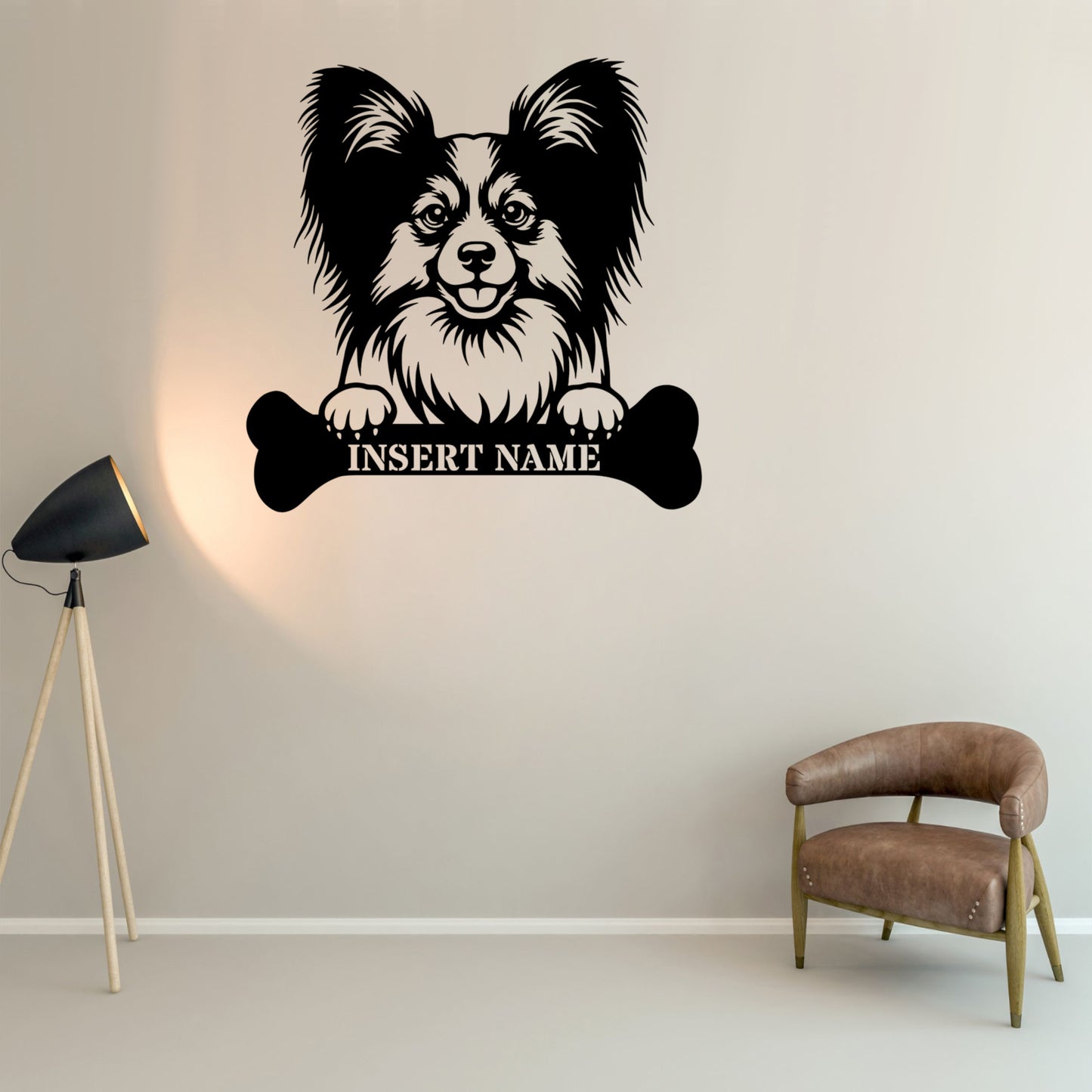 Personalized Papillon With Bone Name Metal Sign. Funny Custom Dog Wall Decor Gift