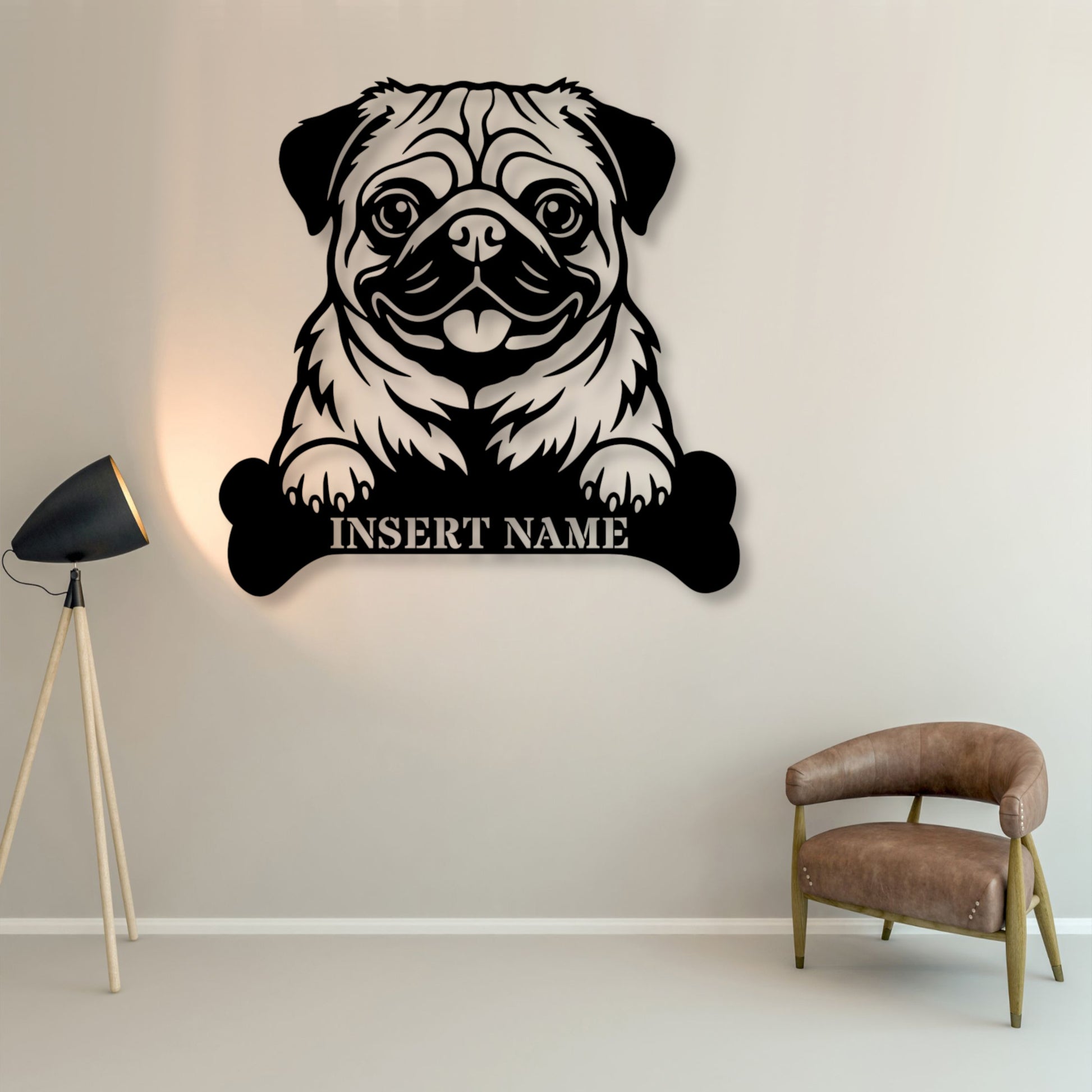 Personalized Pug With Bone Name Metal Sign. Custom Funny Dog Decor