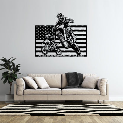 Personalized Dad And Son Dirtbike Name Metal Sign. Custom Patriotic Motocross US Flag Wall Decor Gift. Father's Day Gift. Biker Monogram Art