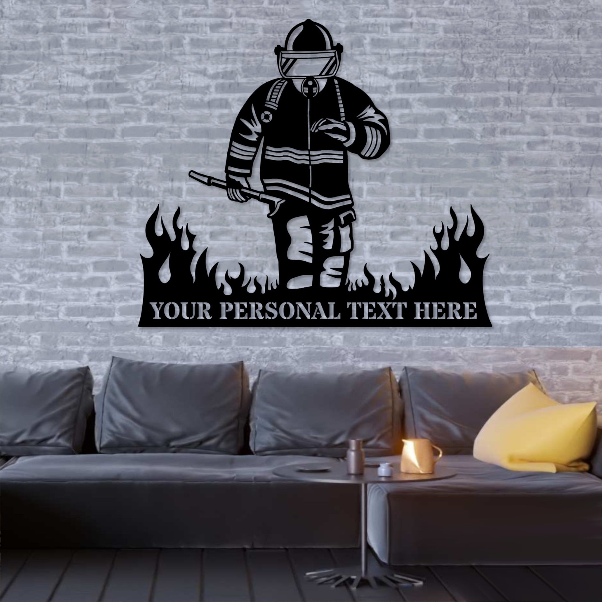 Personalized Fireman In Flames Name Metal Sign Gift In Black