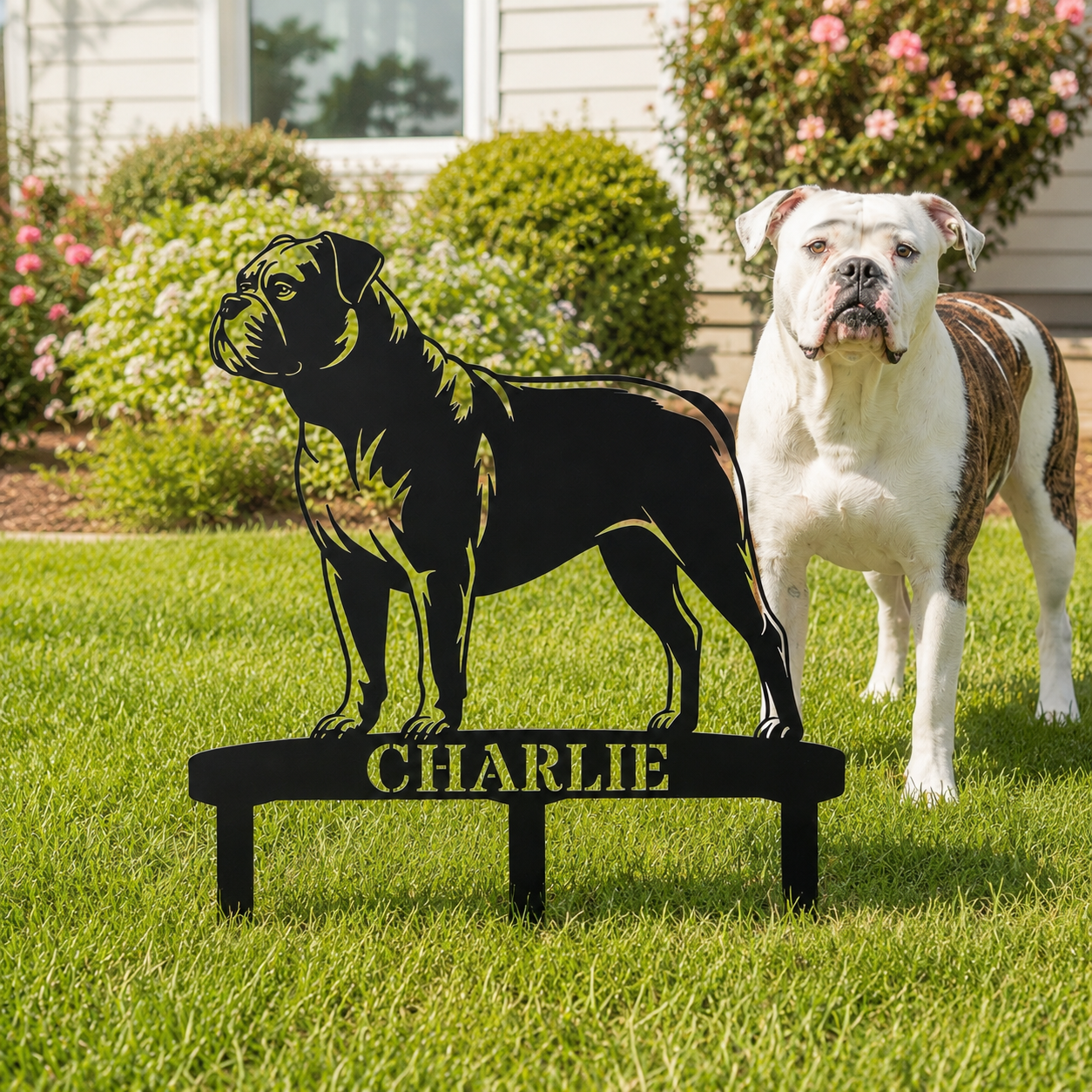 Personalized American Bulldog Garden Metal Sign With Stakes. Custom Dog Lover Name Gift