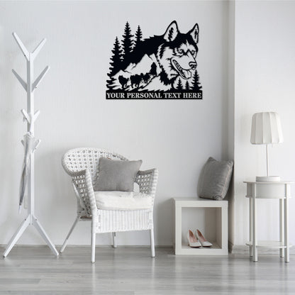 Personalized Husky Sled Dog Portrait Name Metal Sign. Custom Husky Wall Decor Gift. Nature Landscape Design. Mountains Custom Text Monogram