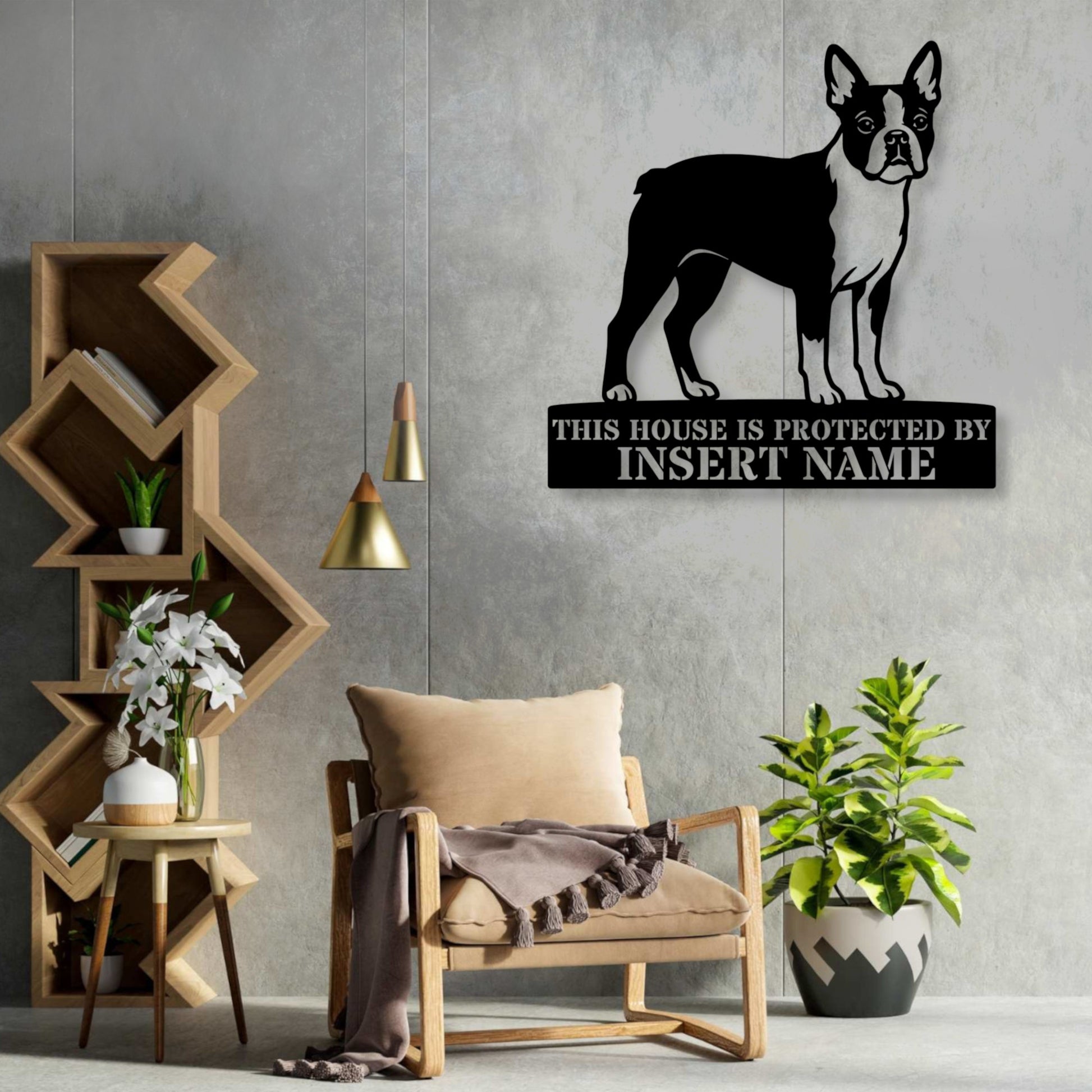 Personalized Boston Terrier Guard Metal Sign. Custom Dog Protect Name Wall Decor