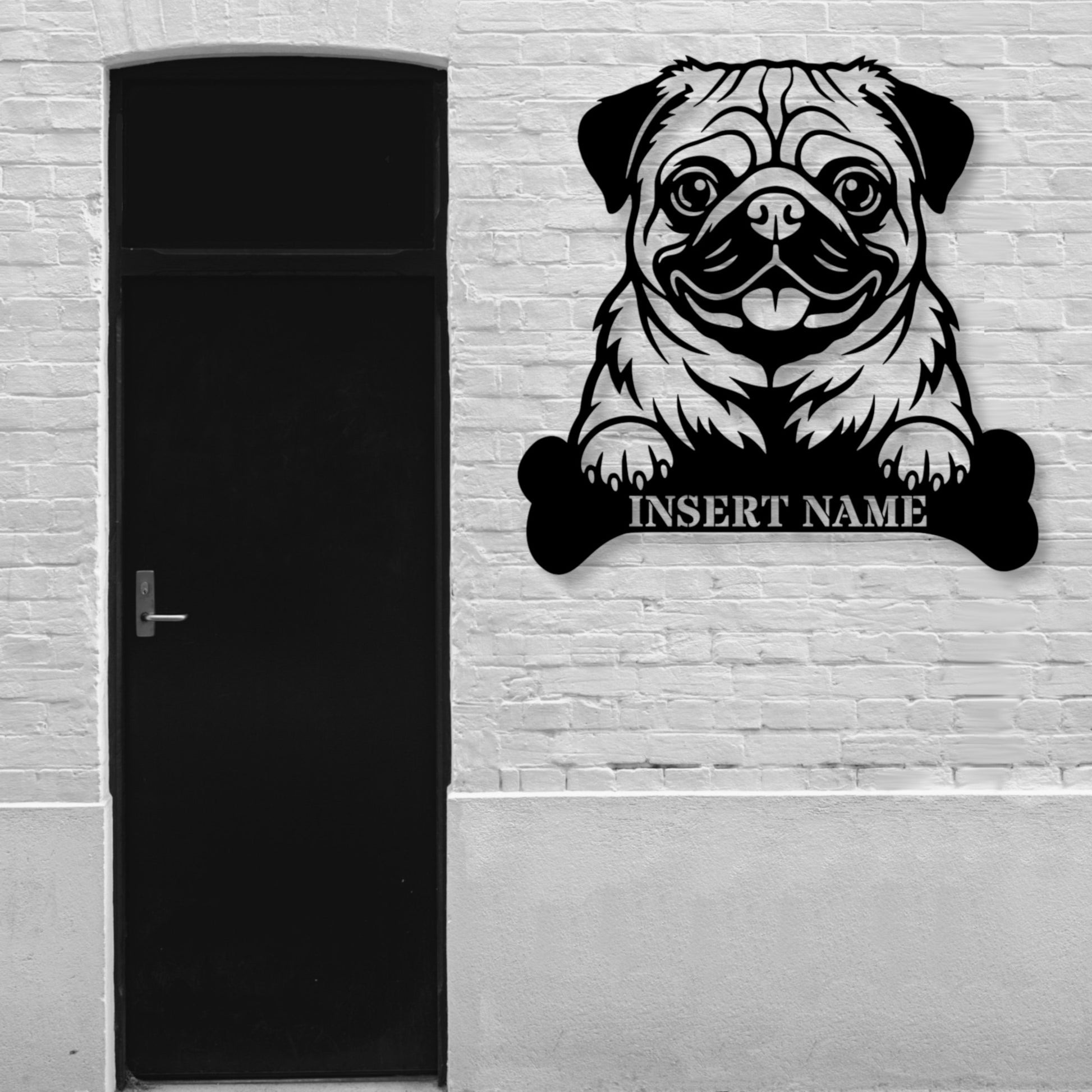Personalized Pug With Bone Name Metal Sign. Custom Funny Dog Decor