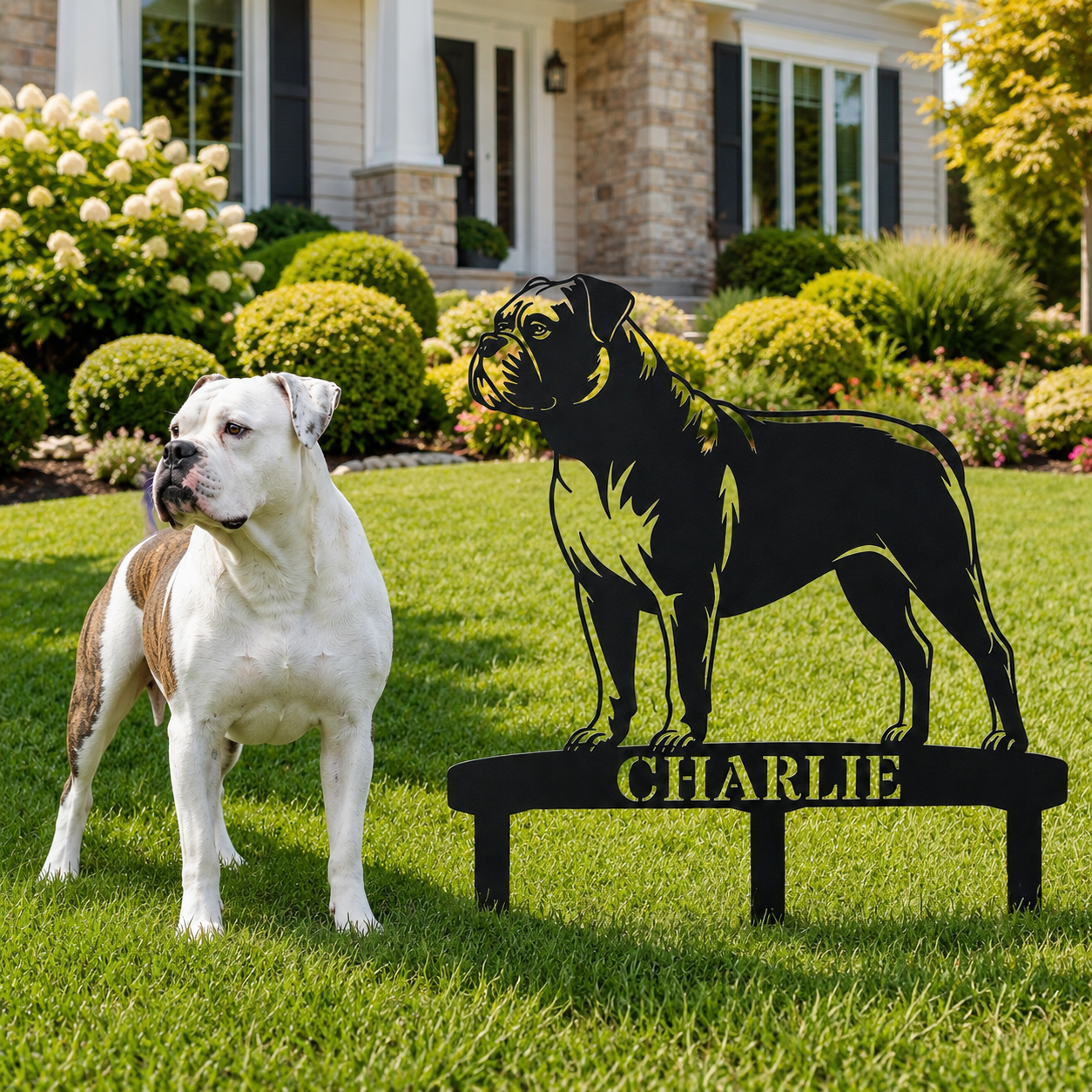 Personalized American Bulldog Garden Metal Sign With Stakes. Custom Dog Lover Name Gift
