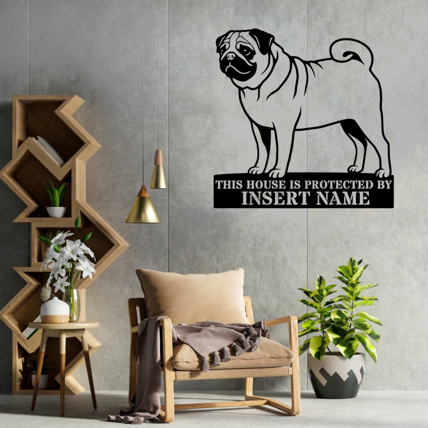 Personalized Pug Guard Metal Sign. Custom Dog Protect Name Wall Decor