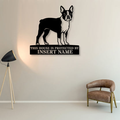 Personalized Boston Terrier Guard Metal Sign. Custom Dog Protect Name Wall Decor
