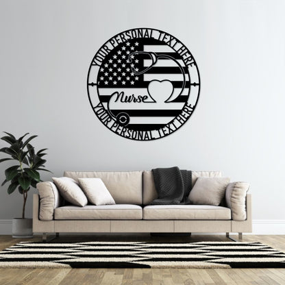 Personalized American Nurse Metal Sign In Black