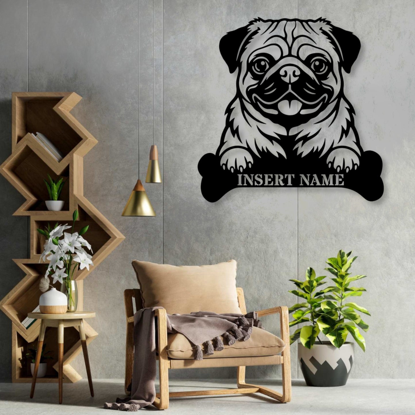 Personalized Pug With Bone Name Metal Sign. Custom Funny Dog Decor