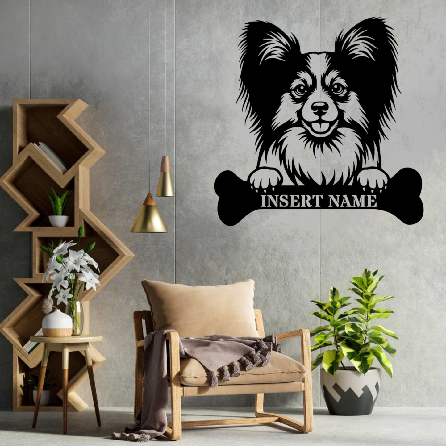 Personalized Papillon With Bone Name Metal Sign. Funny Custom Dog Wall Decor Gift