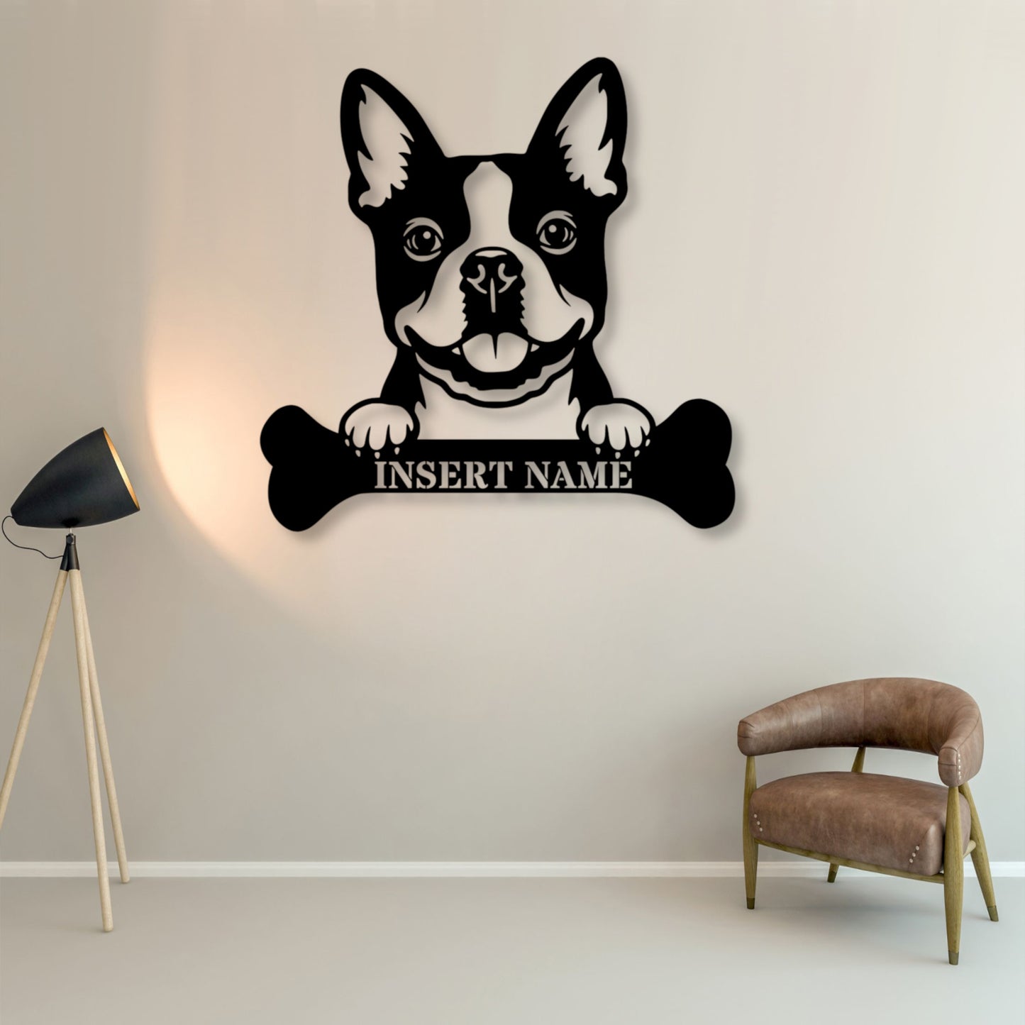 Personalized Boston Terrier With Bone Metal Sign. Custom Funny Dog Name Decor
