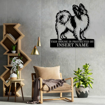 Personalized Papillon Dog Guard Metal Sign. Custom Dog Protect Name Wall Decor