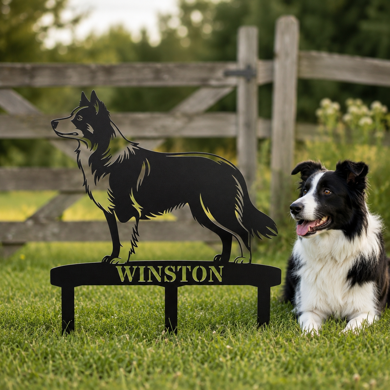 Personalized Border Collie Garden Metal Sign With Stakes. Custom Dog Lover Name Gift