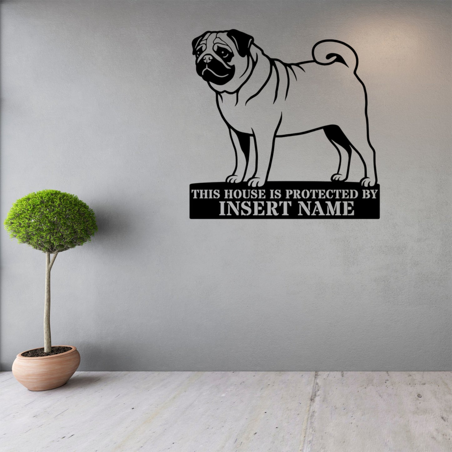 Personalized Pug Guard Metal Sign. Custom Dog Protect Name Wall Decor