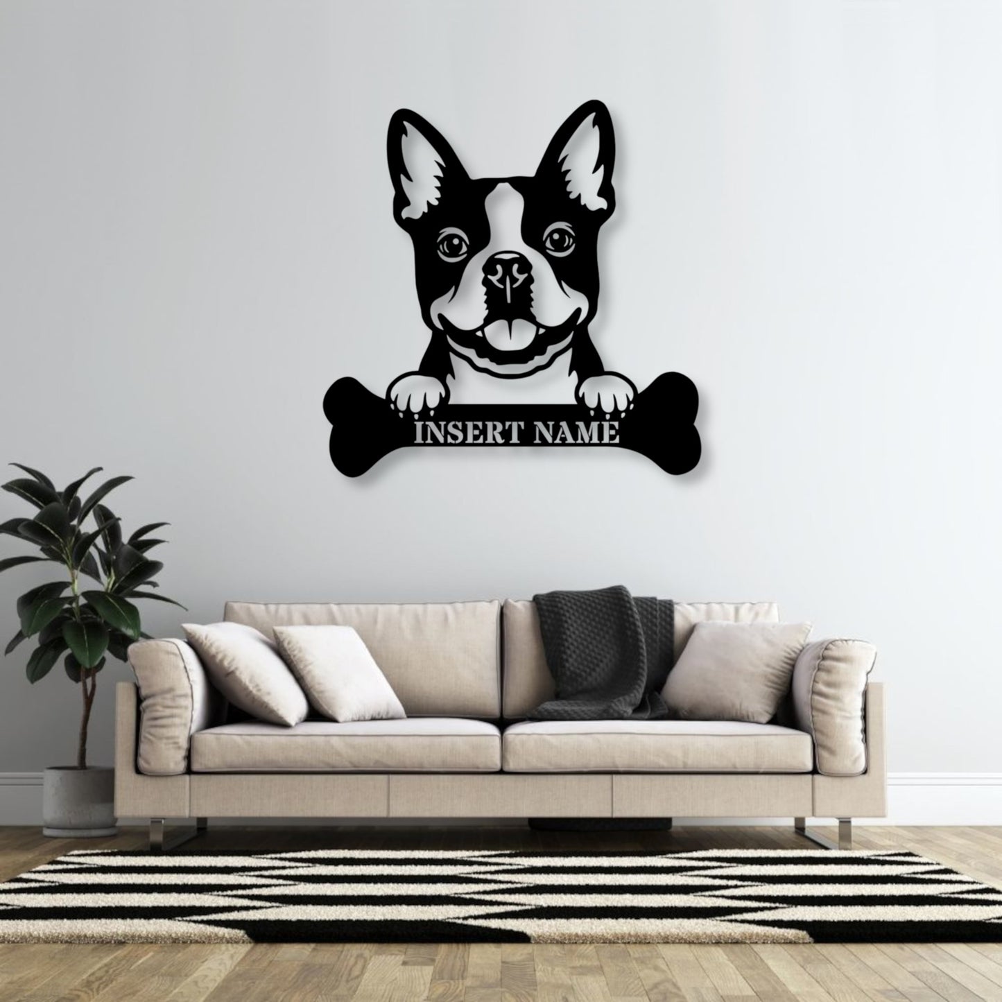 Personalized Boston Terrier With Bone Metal Sign. Custom Funny Dog Name Decor