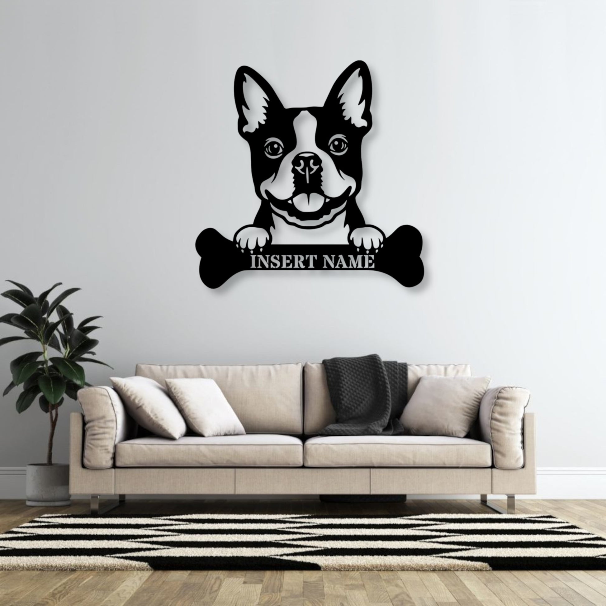 Personalized Boston Terrier With Bone Metal Sign. Custom Funny Dog Name Decor