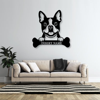 Personalized Boston Terrier With Bone Metal Sign. Custom Funny Dog Name Decor