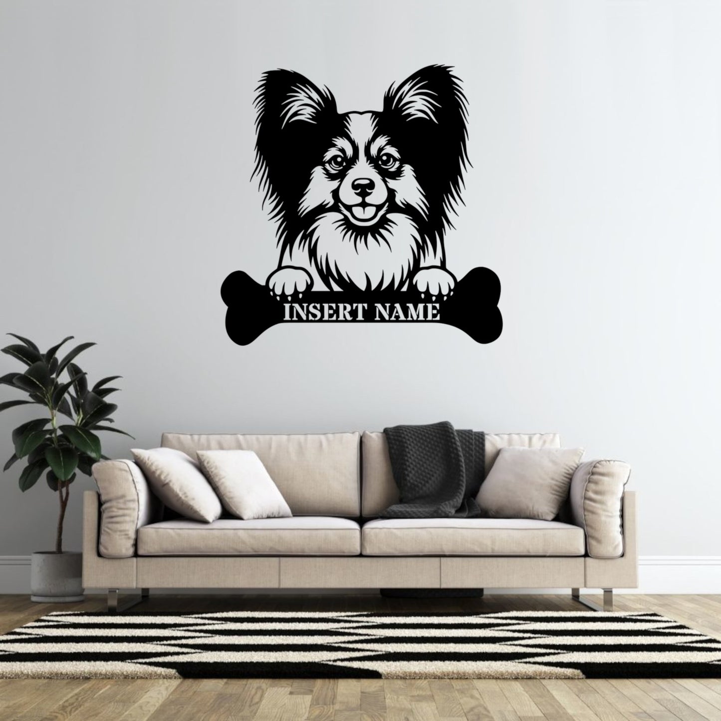 Personalized Papillon With Bone Name Metal Sign. Funny Custom Dog Wall Decor Gift