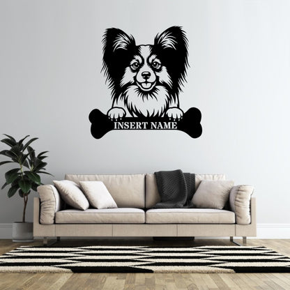 Personalized Papillon With Bone Name Metal Sign. Funny Custom Dog Wall Decor Gift