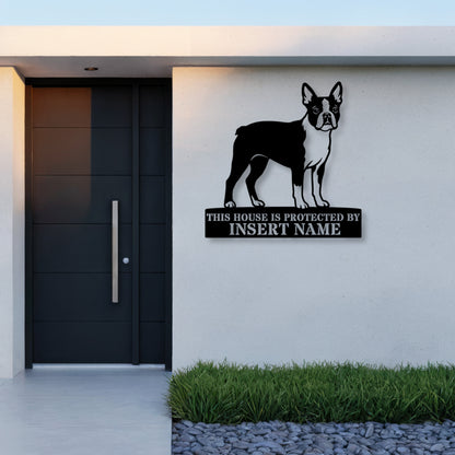 Personalized Boston Terrier Guard Metal Sign. Custom Dog Protect Name Wall Decor