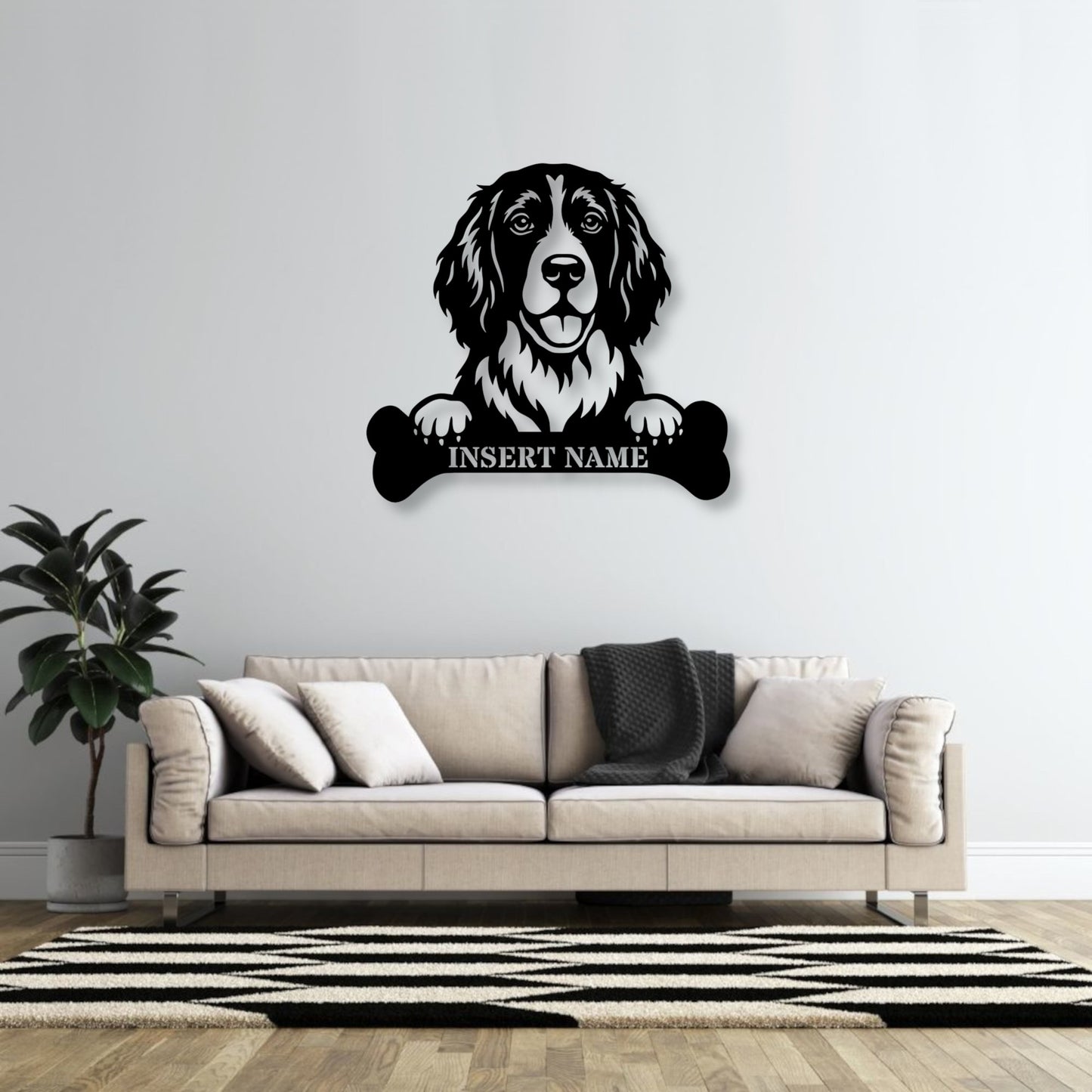 Personalized English Springer Spaniel With Bone Metal Sign. Custom Dog Name Decor