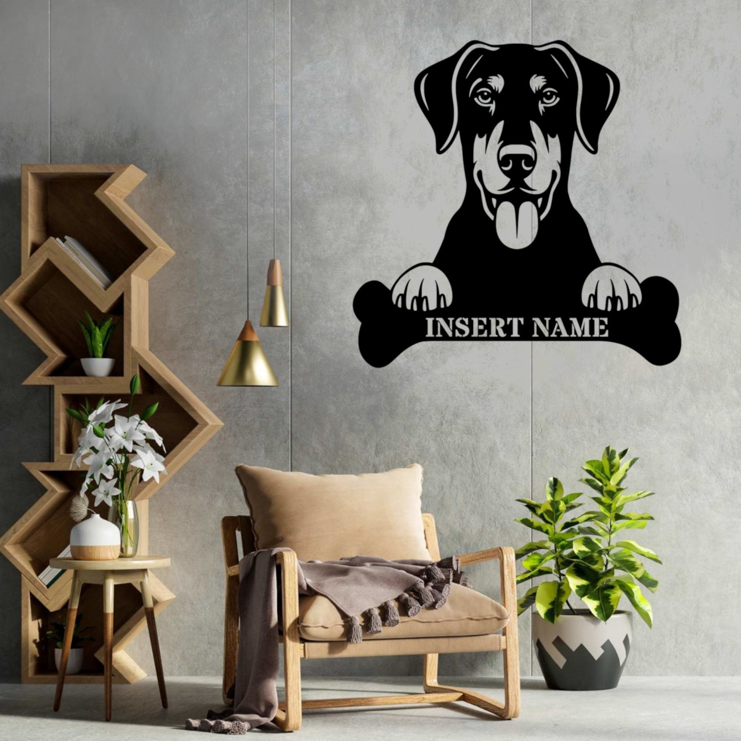 Personalized Dobermann With Bone Metal Sign. Custom Funny Dog Name Decor