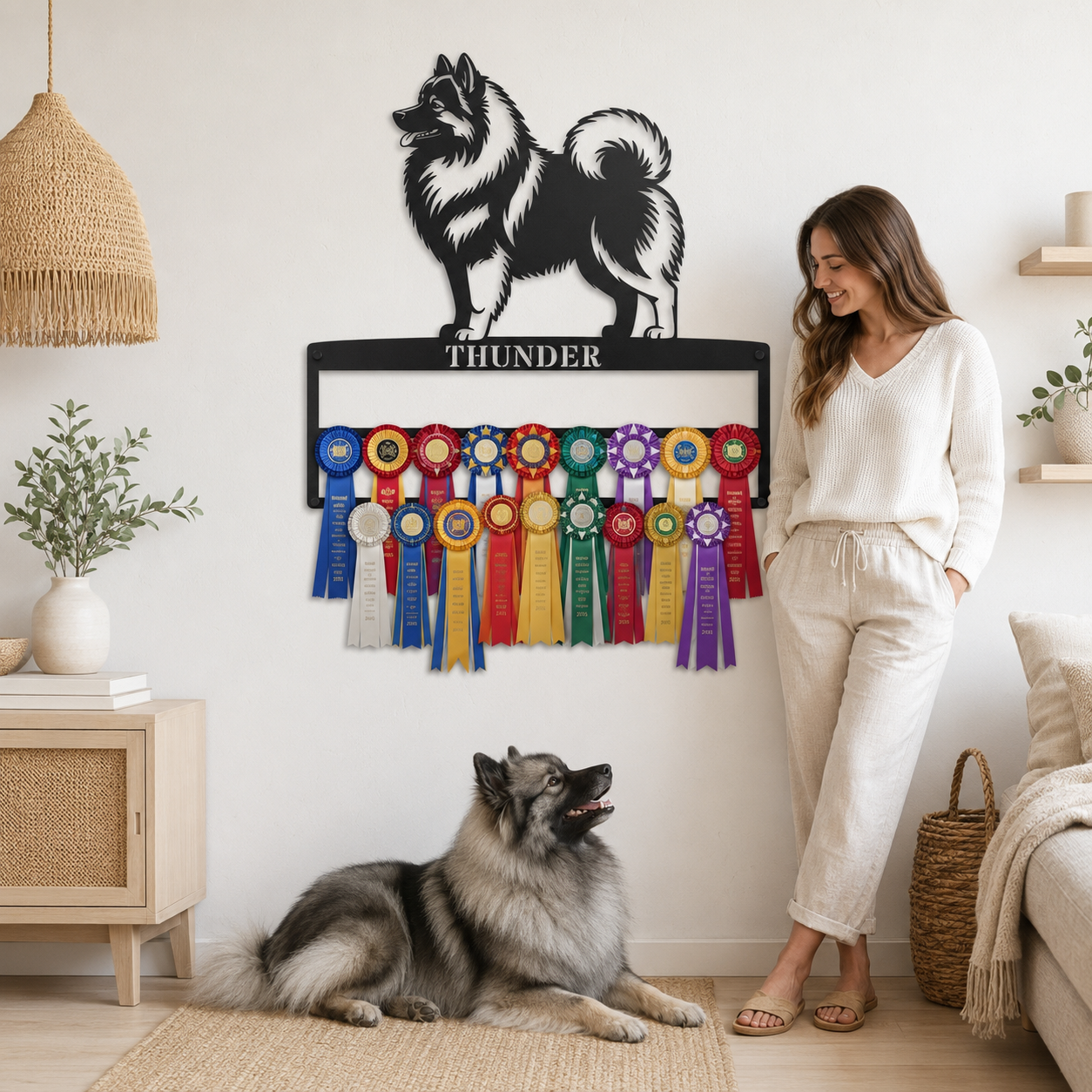 Personalized Keeshond Rosette Metal Sign Display. Custom Wolfspitz Champion Wall Decor.
