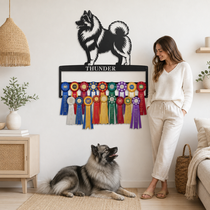 Personalized Keeshond Rosette Metal Sign Display. Custom Wolfspitz Champion Wall Decor.