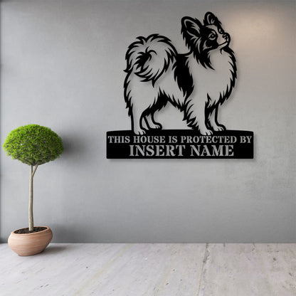 Personalized Papillon Dog Guard Metal Sign. Custom Dog Protect Name Wall Decor