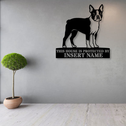Personalized Boston Terrier Guard Metal Sign. Custom Dog Protect Name Wall Decor