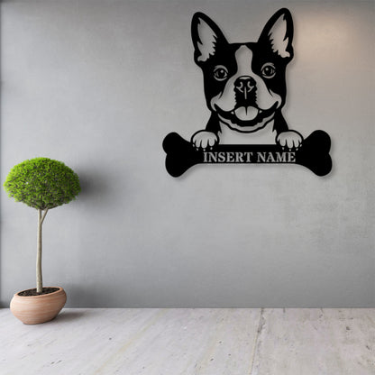 Personalized Boston Terrier With Bone Metal Sign. Custom Funny Dog Name Decor