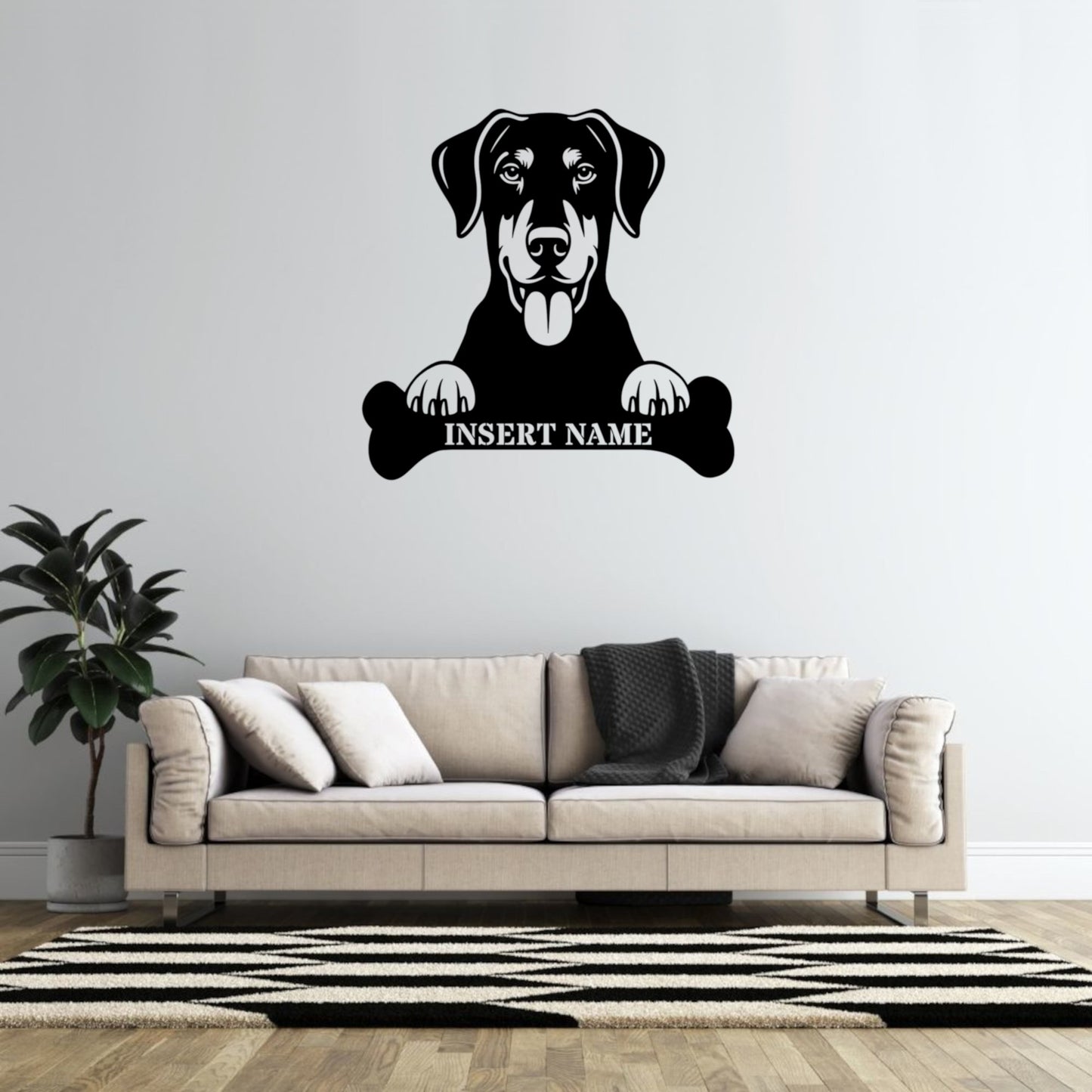 Personalized Dobermann With Bone Metal Sign. Custom Funny Dog Name Decor