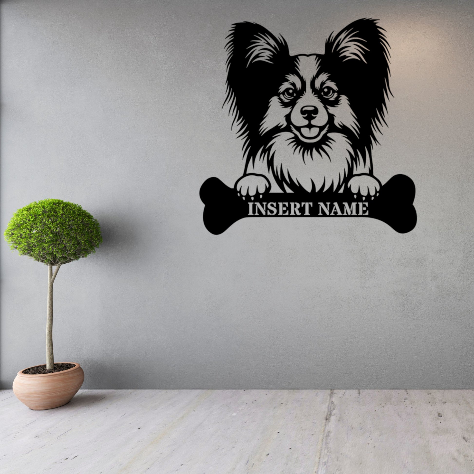 Personalized Papillon With Bone Name Metal Sign. Funny Custom Dog Wall Decor Gift