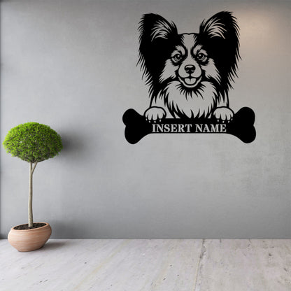 Personalized Papillon With Bone Name Metal Sign. Funny Custom Dog Wall Decor Gift