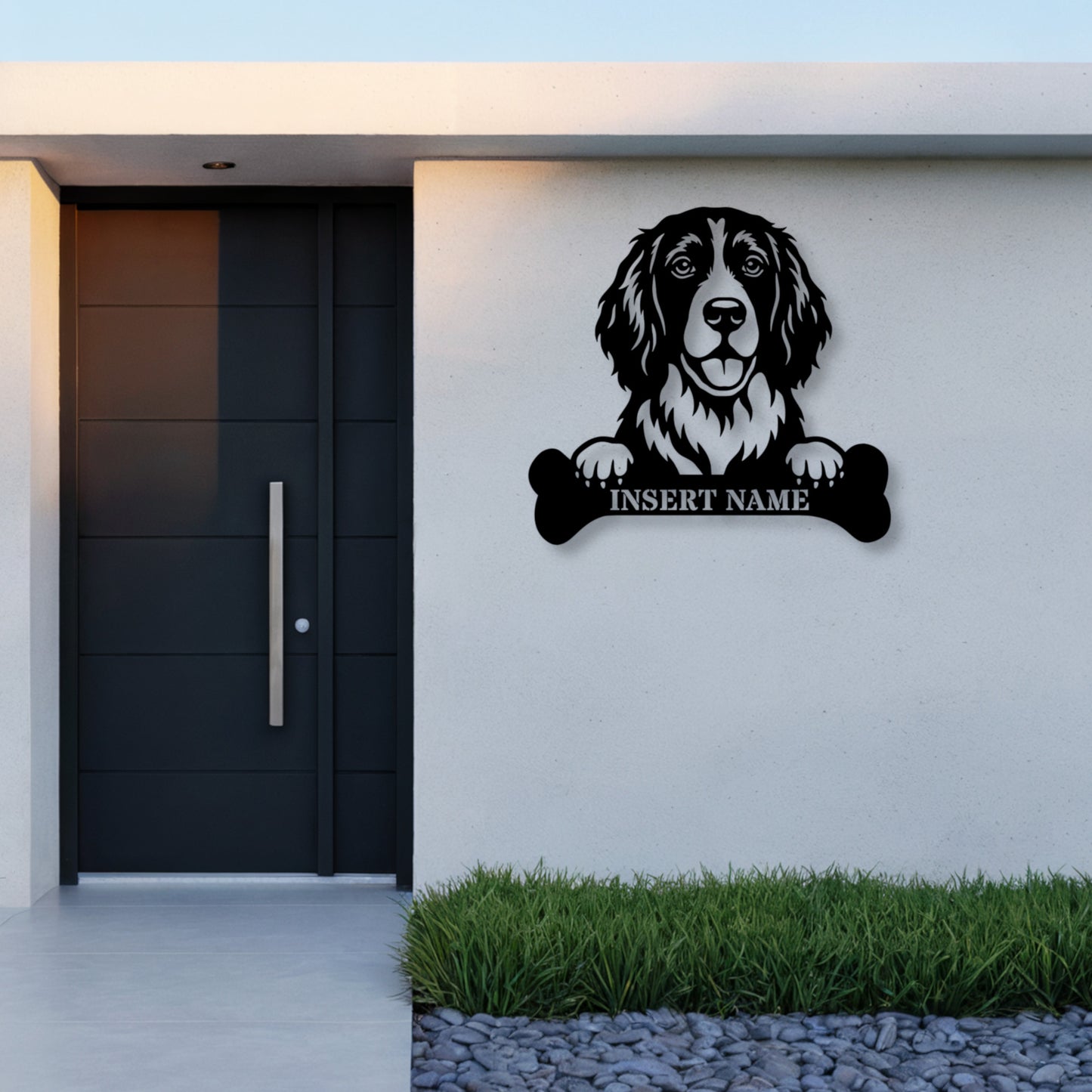 Personalized English Springer Spaniel With Bone Metal Sign. Custom Dog Name Decor