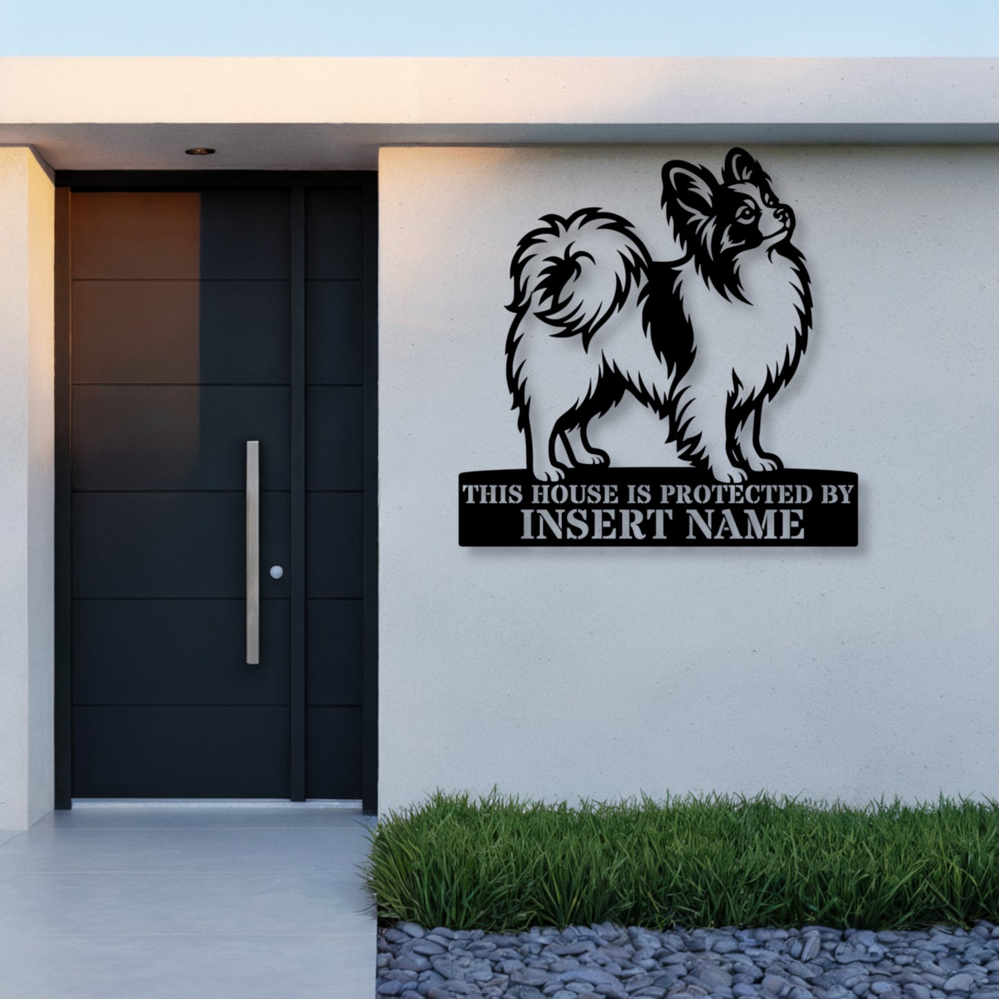 Personalized Papillon Dog Guard Metal Sign. Custom Dog Protect Name Wall Decor