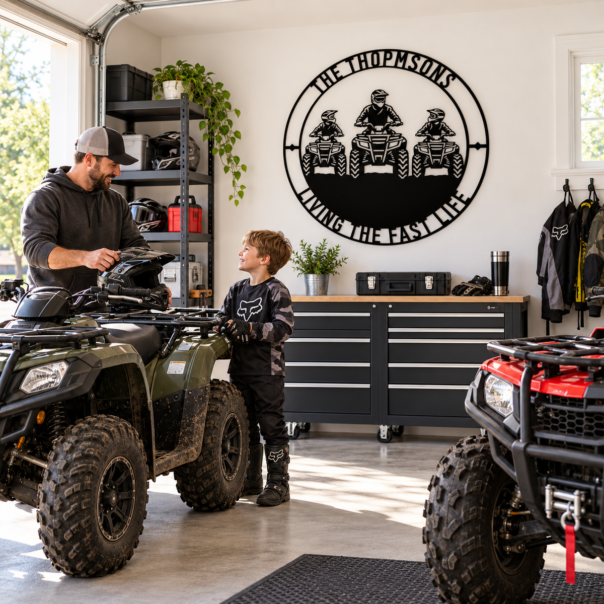 Personalized Father And Two Sons ATV Metal Sign. Custom Quadbike Father's Day And Birthday Gift