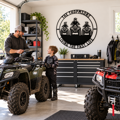 Personalized Father And Two Sons ATV Metal Sign. Custom Quadbike Father's Day And Birthday Gift