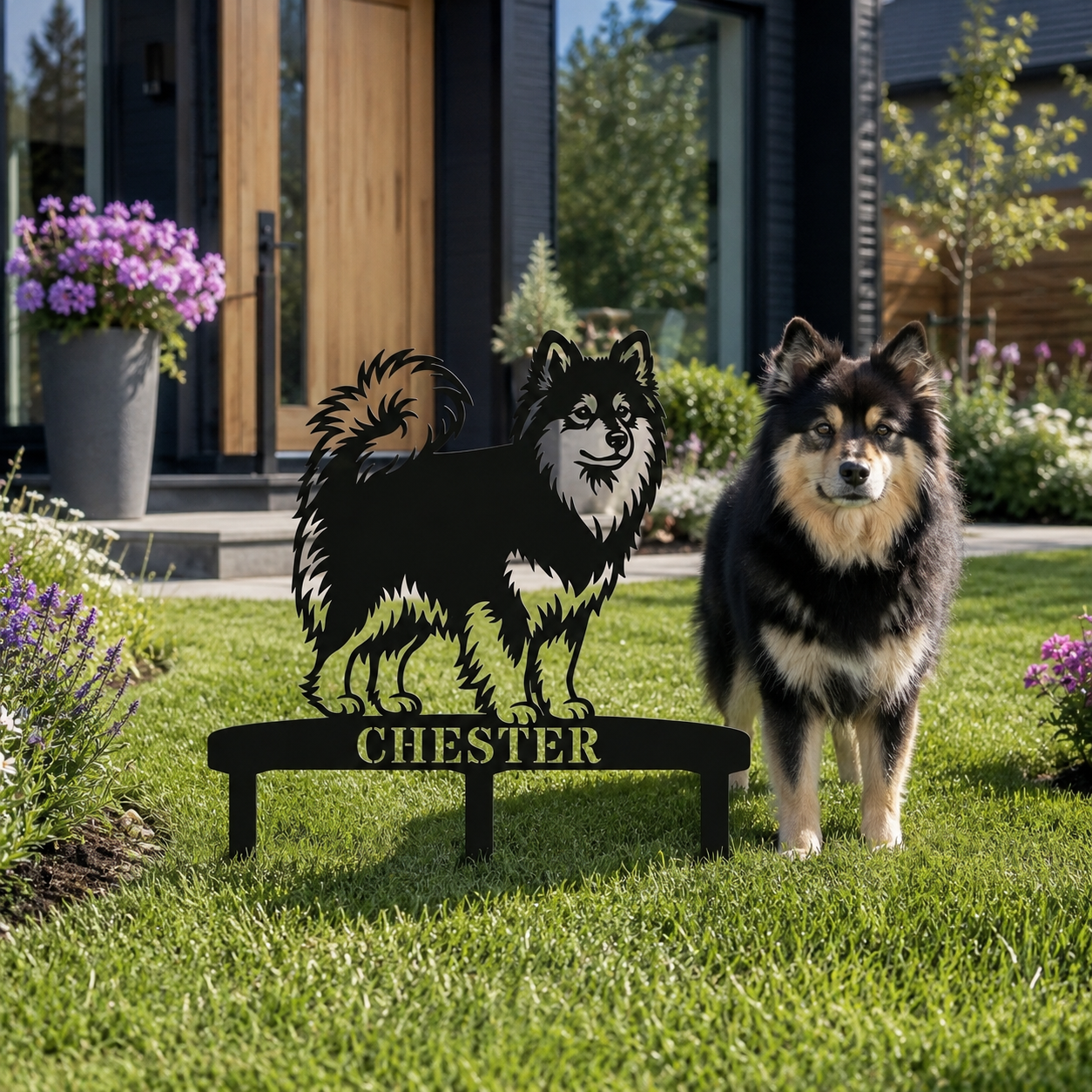 Personalized Finnish Lapphund Garden Metal Sign With Stakes. Custom Dog Lover Name Gift