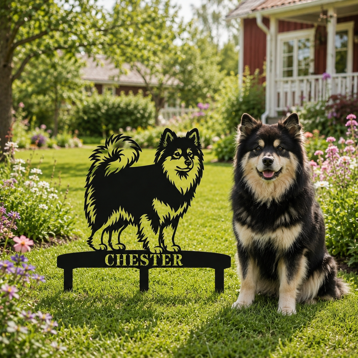 Personalized Finnish Lapphund Garden Metal Sign With Stakes. Custom Dog Lover Name Gift
