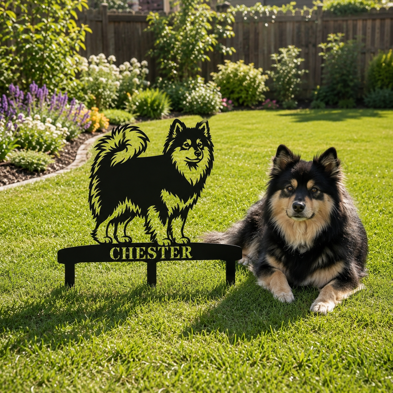 Personalized Finnish Lapphund Garden Metal Sign With Stakes. Custom Dog Lover Name Gift
