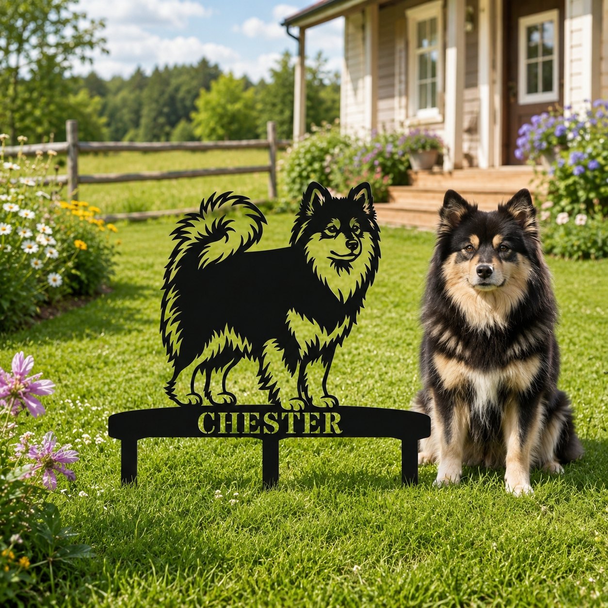Personalized Finnish Lapphund Garden Metal Sign With Stakes. Custom Dog Lover Name Gift