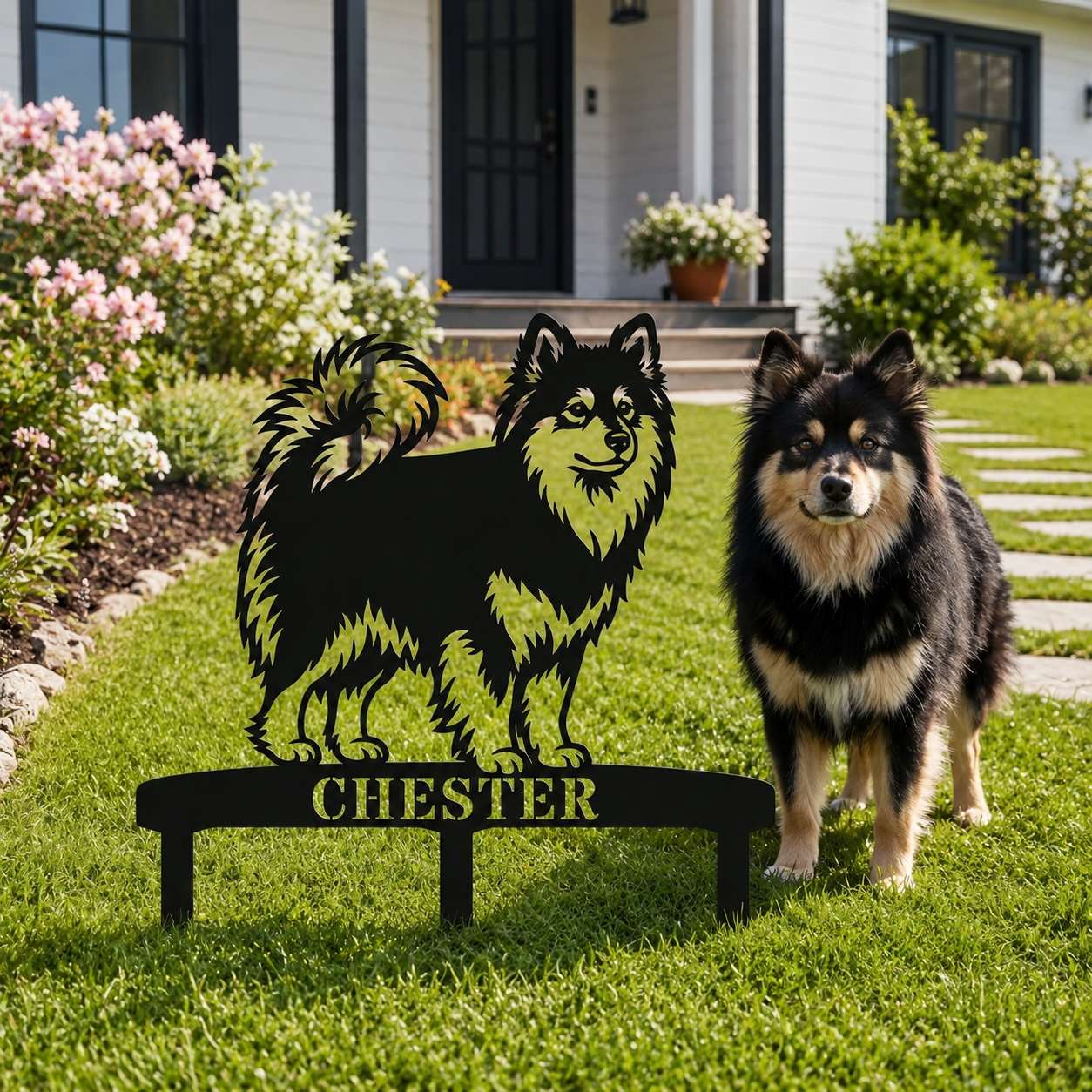 Personalized Finnish Lapphund Garden Metal Sign With Stakes. Custom Dog Lover Name Gift