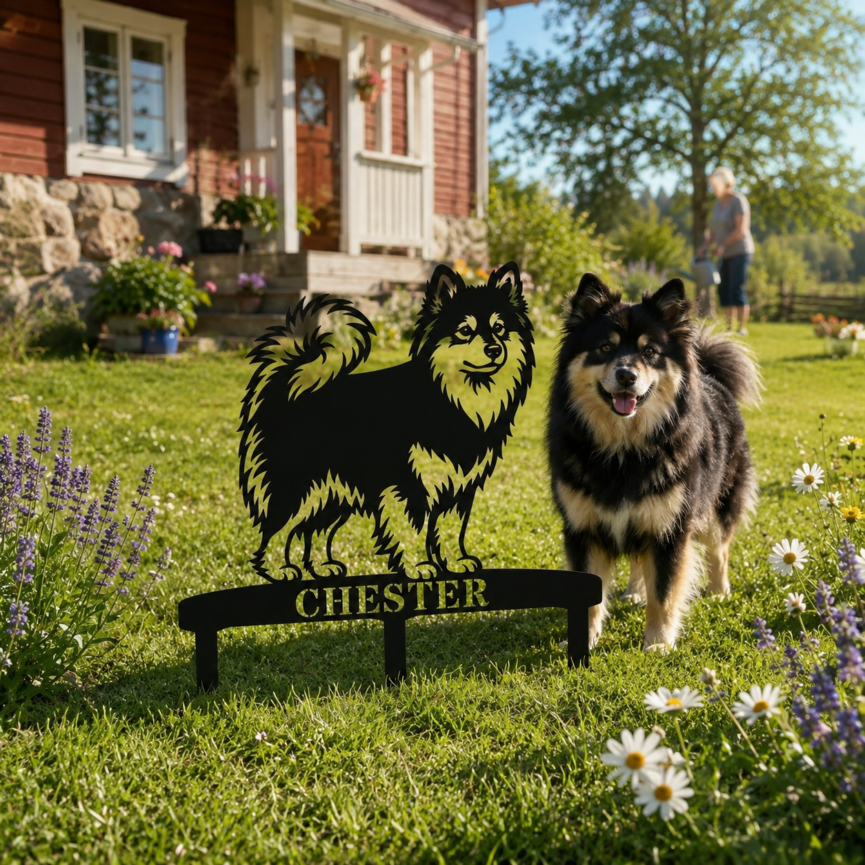 Personalized Finnish Lapphund Garden Metal Sign With Stakes. Custom Dog Lover Name Gift