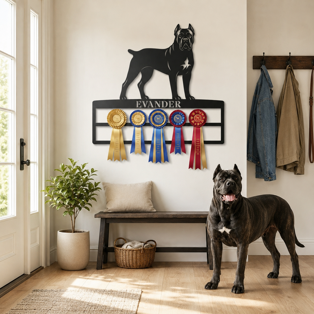 Personalized Cane Corso Rosette Name Metal Sign. Custom Dog Champion Ribbon Display