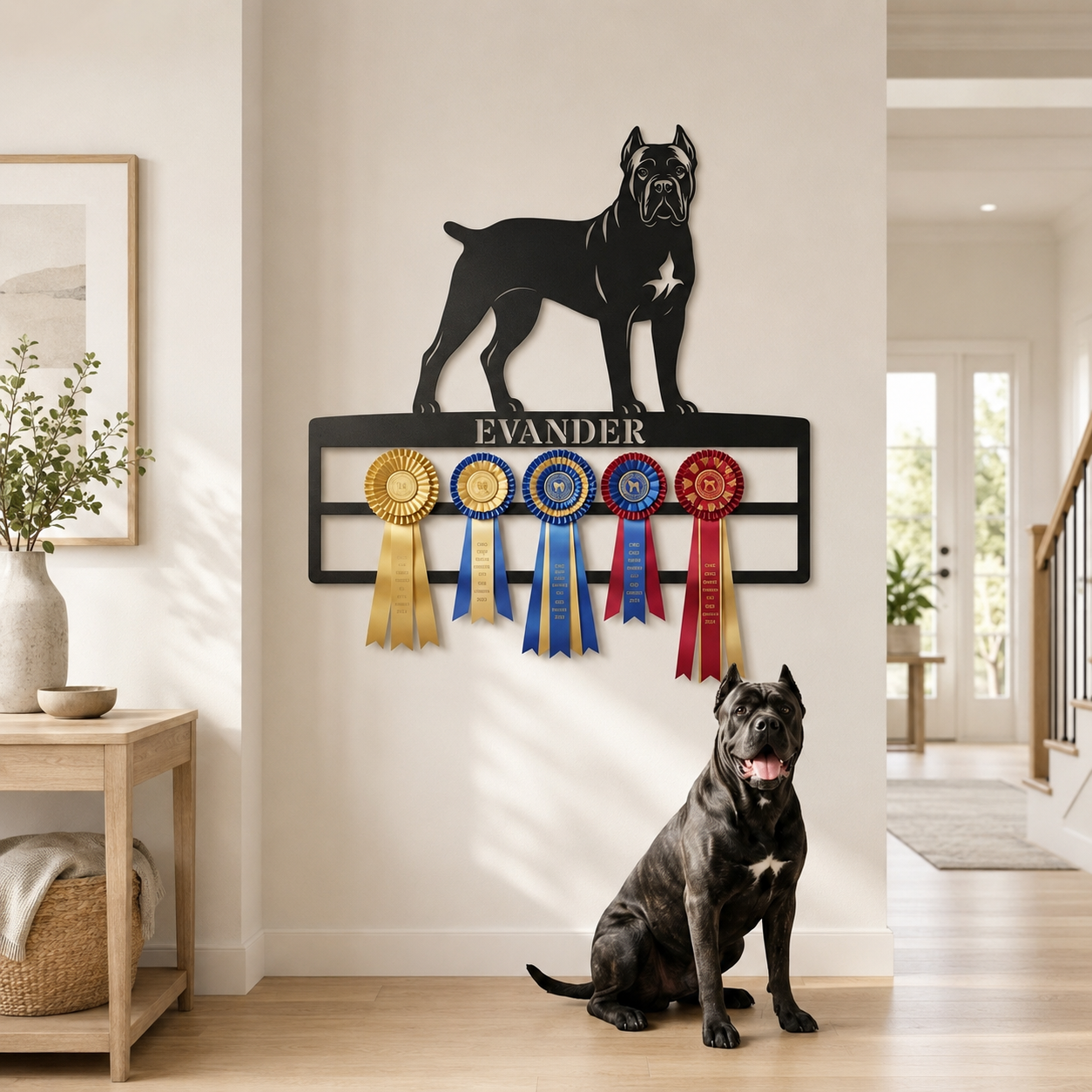 Personalized Cane Corso Rosette Name Metal Sign. Custom Dog Champion Ribbon Display