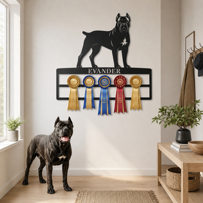 Personalized Cane Corso Rosette Name Metal Sign. Custom Dog Champion Ribbon Display