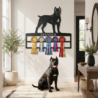 Personalized Cane Corso Rosette Name Metal Sign. Custom Dog Champion Ribbon Display