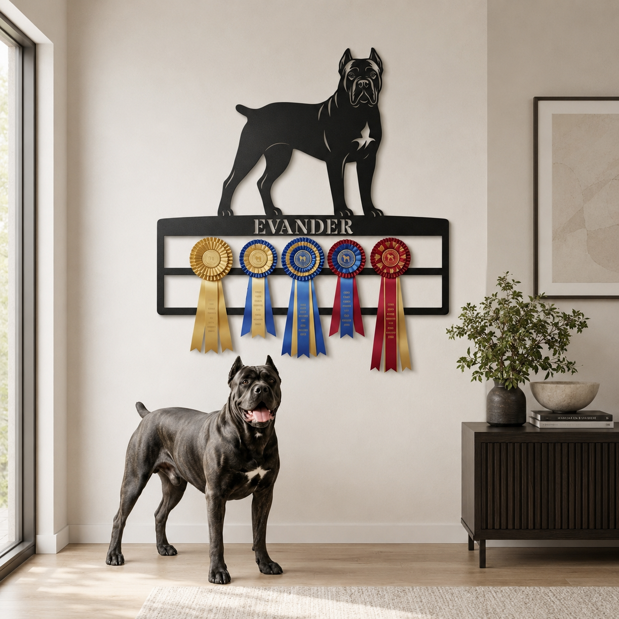 Personalized Cane Corso Rosette Name Metal Sign. Custom Dog Champion Ribbon Display